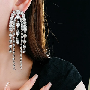 Close-up of silver teardrop tassel earrings with sparkling rhinestones on model