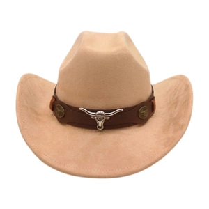 Classic beige Western cowboy hat with bull head ornament and leather band detail