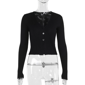 Detail of black ribbed knit cardigan featuring deep V-neck and three round buttons