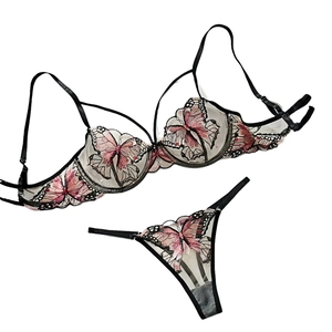 French lace lingerie set with pink butterfly embroidery and sheer mesh bra and thong