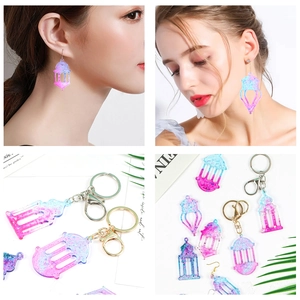 Glitter resin Ramadan lantern earrings and castle pendants with blue purple gradient style