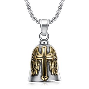 Polished stainless steel motorcycle angel wing bell pendant with a cross relief pattern