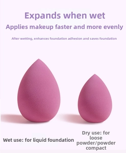 Comparison of pink makeup sponge showing size expansion when wet for liquid foundation
