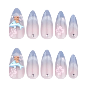 Purple gradient almond nails with 3D cat dolphin charms and floral glitter accents