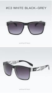 Detailed views of square outdoor sports sunglasses with white-black-grey striped temples
