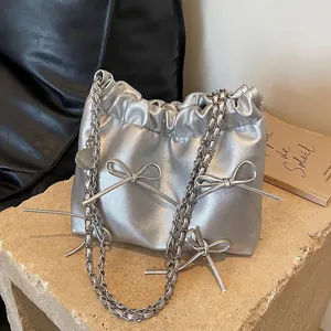 Women Bucket Bag PU Leather Bowknot Decor Drawstring Pleated Chain Strap Metallic Shoulder Crossbody Purse