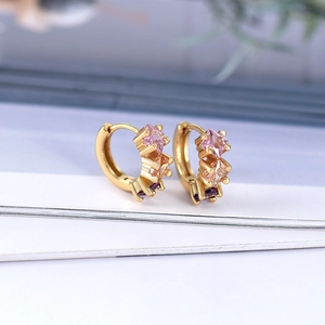 Elegant gold hoop earrings with three square-cut multicolored zircons in a stepped design