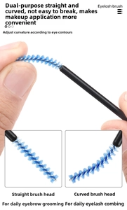 Macro detail of flexible blue nylon eyelash brush head bending for precise makeup application