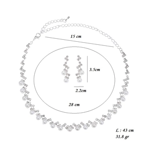 Silver bridal jewelry set with pearls and rhinestones showing size measurements in CM