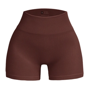 Seamless high waisted ribbed yoga shorts in dark coffee brown with scrunch butt lift effect