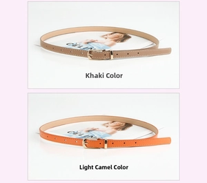 Detail of khaki and light camel slim PU leather belts with elegant golden metal buckles