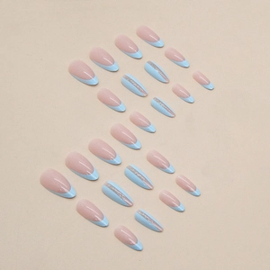 Elegant light blue French almond press-on nails with silver glitter lines and pink base