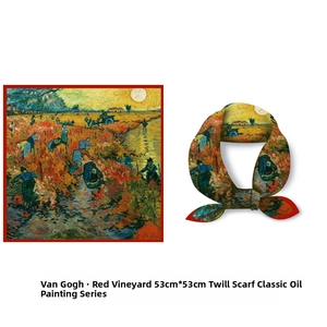 Détail du foulard 53cm avec motif La Vigne Rouge de Van Gogh et bordure rouge élégante