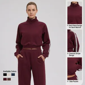Women's burgundy color-block windproof tracksuit with high collar and side stripe detail