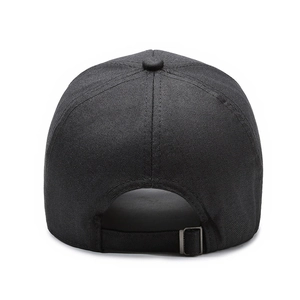 Rear view of classic black canvas baseball cap featuring an adjustable metal buckle
