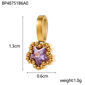Star-shaped gold pendant with purple zircon gemstone and measurement details