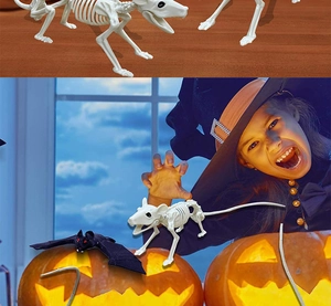 Detailed Halloween decor set featuring realistic skeleton rat and bat models for parties