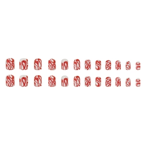 Short red and white snake ripple press-on nails with shiny finish 24pcs set