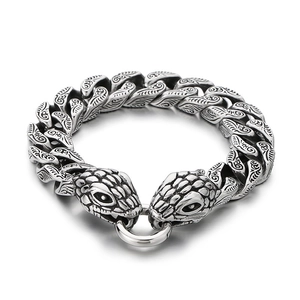 Hip hop silver stainless steel double snake head bracelet with engraved Cuban links