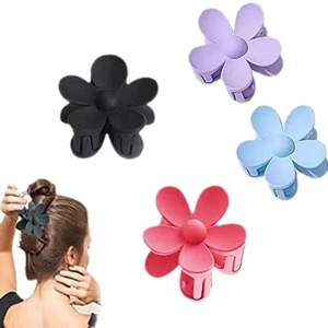 Set of four matte flower hair claws in black lilac sky blue and rose red colors