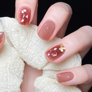 Faux Ongles Press On Courts Carrés Arrondis Rose Avec Décor Papillon Doré Künstliche Perle Amovibles Pour Femmes