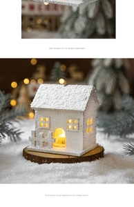Detail of white snowy Christmas house with warm LED light and wood base on snow