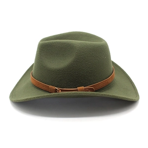 Dark green wide-brim wool felt cowboy hat with brown leather band and metal buckle