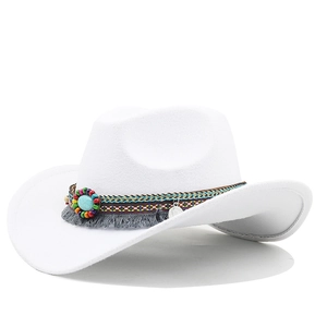 White felt western cowboy hat with colorful beaded band, turquoise stone, and grey tassel