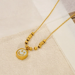 Classic stainless steel smile necklace in gold with square pendant and decorative beads