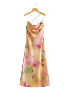 Detail of multi-color tie-dye satin midi dress with cowl neck and cross back straps