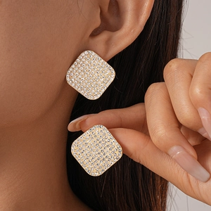 Geometric Oval Rhombus Stud Earrings Alloy Rhinestone 925 Sterling Silver Earring Post Elegant Shiny Jewelry For Women