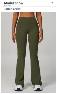 Close-up of high-waist vine green flare yoga pants with ergonomic seams and slim fit