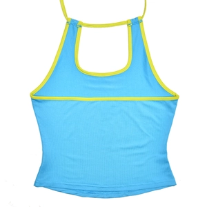 Back view of a blue knitted halter top with yellow trim and open back design