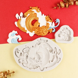 Molde de silicona de dragón chino y olas para decoraciones de pasteles de fondant
