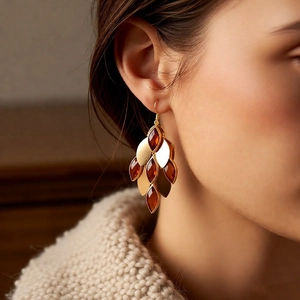 Macro view of vintage style amber glass teardrop earrings with 18K gold leaf accents