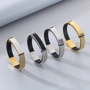 Men Bracelet Stainless Steel Mesh Leather Braided Magnetic Clasp ID Plate Rhinestone Punk Hip Hop Jewelry Accessory