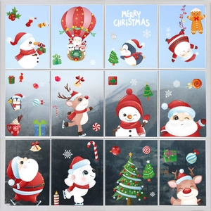 Christmas window decals set with Santa Claus, snowmen and reindeer patterns for glass decor