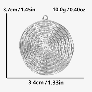 Macro view of textured 304 stainless steel disc pendant with exact size and weight specs