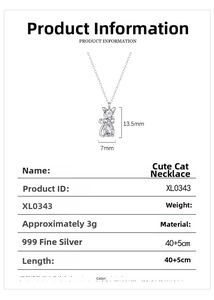 Detail of 999 sterling silver cat pendant with dimensions and adjustable chain length