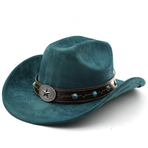 Chapeau de cowboy en daim bleu canard avec étoiles argentées et perles de turquoise