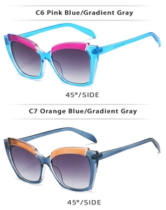 Detail of cat-eye sunglasses with pink, orange and blue gradient frames at 45-degree angle