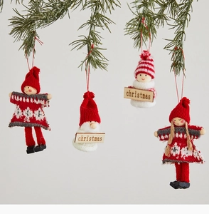 Detail of wool felt Christmas ornaments including Santa and snowman with hanging ropes