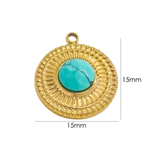 Detail view of 15mm round gold-plated pendant with turquoise stone and radial texture