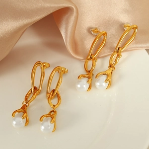 18K Gold Plated Stainless Steel Drop Earrings With White Faux Artificial Pearl Elegant Dangle Jewelry For Women