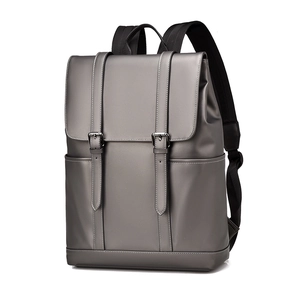 Men's large capacity grey business laptop backpack with flap cover and metal buckles