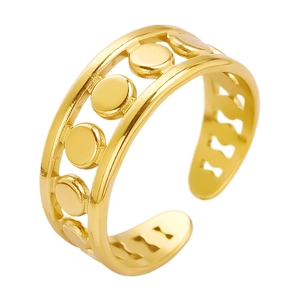 Minimalist 304 stainless steel open ring featuring a curved hollow circle pattern in gold