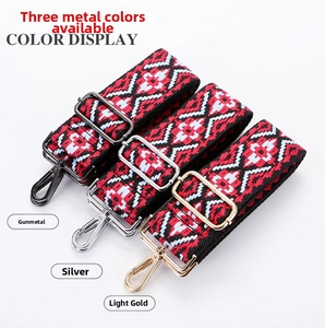 Detail of adjustable canvas straps with folk patterns and gun, silver, light gold buckles