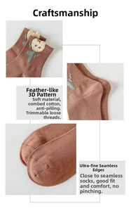 Detailed view of combed cotton crew socks with 3D tulip feather yarn embroidery