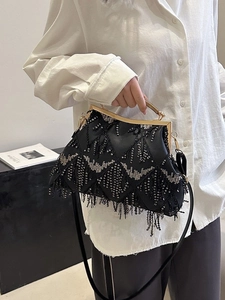 Vintage Sequin Beaded Tassel Evening Bag With Metal Handle Kiss Lock Closure Shoulder Clutch Party Handbag For Women