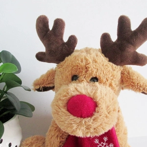 Plush reindeer toy with red nose and snowflake scarf for Christmas gift decoration